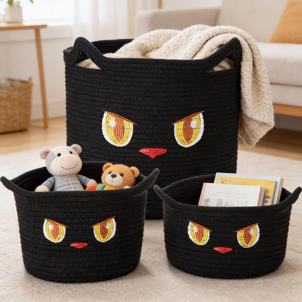Acellegic 3 Pcs Black Cat Toy Basket with Cute Ears Cotton Rope Woven Baskets